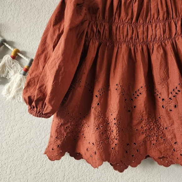 MNG Shirred Eyelet Crop Puff Sleeve Ruffle Top Terracotta Boho Prairie Peplum 2 - Picture 6 of 12